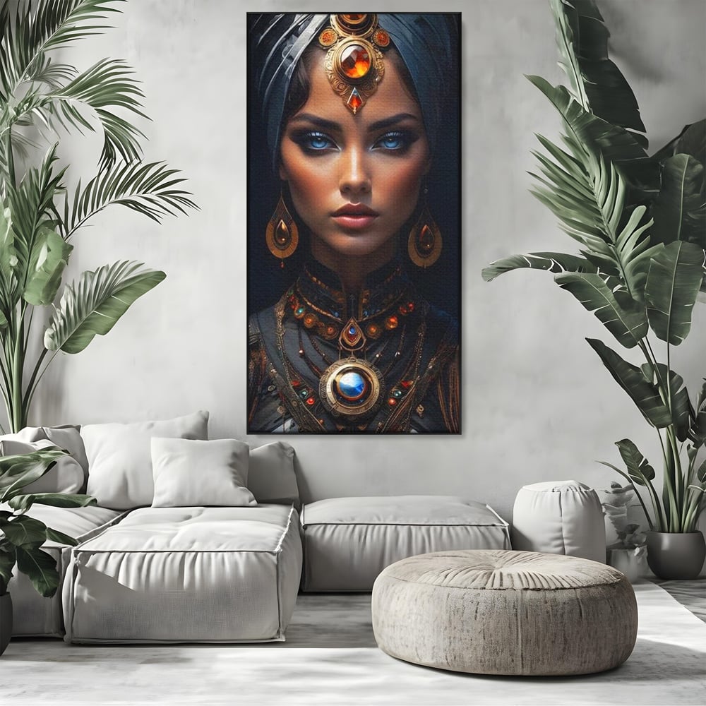 Tablou canvas cu portret de femeie cu turbant si bijuterii, in rama de aluminiu negru, pe perete intr-un living